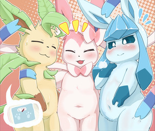 3_fingers :3 ambiguous_anthro ambiguous_gender anthro anthrofied bar_emanata belly biped black_nose blue_body blue_eyes blue_fur blue_inner_ear blue_pupils blue_sclera blush blush_lines bodily_fluids breath brown_inner_ear cute_fangs emanata eyes_closed fangs featureless_crotch fingers front_view fur gloves_(marking) green_body green_ears green_tail group hand_on_belly holding_belly kemono leaf leaf_ears leaf_tail markings multicolored_body multicolored_fur navel neck_bow nude nude_ambiguous nude_anthro open_mouth open_smile pattern_background pink_body pink_ears pink_fur pokemorph pupils simple_background slightly_chubby slightly_chubby_ambiguous slightly_chubby_anthro smile speech_bubble standing sweat sweatdrop tail teeth trio two_tone_body two_tone_fur weight_conscious white_body white_fur yellow_body yellow_fur young nacl_chicken nintendo pokemon eeveelution generation_4_pokemon generation_6_pokemon glaceon leafeon mammal pokemon_(species) sylveon 2025 absurd_res colored hi_res pictographics portrait shaded signature three-quarter_portrait