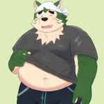 anthro black_nose blush bottomwear clothing fur green_body green_fur kemono male one_eye_closed overweight overweight_anthro overweight_male pants shirt simple_background solo topwear wink yaki_atsuage lifewonders live_a_hero mokdai canid canine canis domestic_dog mammal 1:1 2021 hi_res