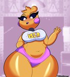 anthro anthrofied beakless belly big_breasts black_sclera blush blush_stickers bottomwear breasts clothing curvy_figure exclamation_point female huge_hips huge_thighs machine navel non-mammal_breasts open_mouth pear-shaped_figure shirt shorts slightly_chubby solo text thick_thighs topwear white_eyes wide_hips yellow_body thiccchicken five_nights_at_freddy's five_nights_at_freddy's_2 scottgames toy_chica_(fnaf) animatronic avian bird chicken galliform gallus_(genus) phasianid robot 2022 absurd_res digital_media_(artwork) english_text hi_res