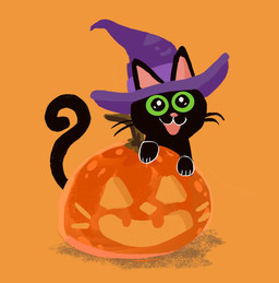 :3 ambiguous_gender black_body black_fur clothing feral fur glistening glistening_eyes hat headgear headwear holidays jack-o'-lantern orange_background paws simple_background solo toony whiskers witch_hat shanhorandraws halloween little_kitty_big_city little_kitty_(lkbc) domestic_cat felid feline felis mammal 2024 hi_res official_art shaded