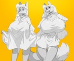 anthro big_breasts breasts camel_toe cheek_tuft clothed clothing collar facial_tuft female fingers fur hair holding_object huge_breasts long_hair looking_at_viewer open_mouth open_smile simple_background smile solo standing teeth tuft crackiepipe denisse canid canine fox mammal digital_media_(artwork) monochrome