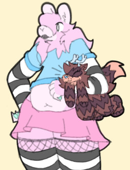 :3 anthro arm_warmers armwear belly black_lips blue_clothing blue_shirt blue_topwear bottomwear brown_body brown_fur clothing duo female female/female fishnet_stockings fur heart_nose heart_symbol horn legwear lgbt_pride lips macro multicolored_arm_warmers multicolored_armwear multicolored_clothing multicolored_legwear multicolored_stockings pattern_arm_warmers pattern_armwear pattern_clothing pattern_legwear pattern_stockings pink_body pink_bottomwear pink_clothing pink_fur pink_skirt pride_colors shirt simple_background skirt slightly_chubby stockings striped_arm_warmers striped_armwear striped_body striped_clothing striped_legwear striped_stockings stripes tail topwear transgender_pride_colors two_tone_arm_warmers two_tone_armwear two_tone_clothing two_tone_legwear two_tone_stockings yellow_background zig_zag_pattern bigsteppies deer lagomorph leporid mammal new_world_deer rabbit reindeer