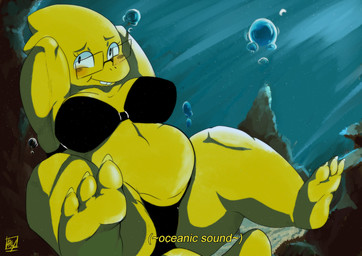 3_toes anthro big_breasts bikini blush breasts buckteeth claws cleavage clothed clothing deep_navel dimple eyelashes eyewear feet female glasses hands_behind_head huge_breasts looking_aside navel non-mammal_breasts overweight overweight_anthro overweight_female plantigrade pose rectangular_glasses scales shortstack shortstack_female smile soles solo swimwear tail teeth text thick_tail thick_thighs toe_claws toes two-piece_swimsuit underwater water wide_hips yellow_body yellow_scales sylverow0 deltarune undertale undertale_(series) alphys lizard reptile scalie 2021 absurd_res colored digital_drawing_(artwork) digital_media_(artwork) english_text hi_res pinup subtitled