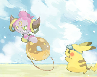 ambiguous_gender duo eyes_closed eyewear goggles open_mouth kanannbo nintendo pokemon generation_1_pokemon generation_6_pokemon hoopa hoopa_(confined) legendary_pokemon pikachu pokemon_(species) 2015