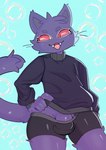 anthro balls blue_background bottomwear bubble bulge clothed clothing detailed_background fangs fur genitals hand_on_hip looking_away male open_mouth penis pink_eyes purple_body purple_fur shorts simple_background solo standing sweater teeth topwear vroorv k1ko_(character) domestic_cat felid feline felis mammal