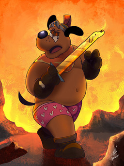 anthro armor belly boots boxers_(clothing) brown_body brown_fur bulge clothing footwear fur gloves handwear headgear helmet male melee_weapon navel overweight shoes solo sword underwear weapon koidewan puppy_guard russell_(puppy_guard) canid canine canis domestic_dog mammal absurd_res hi_res