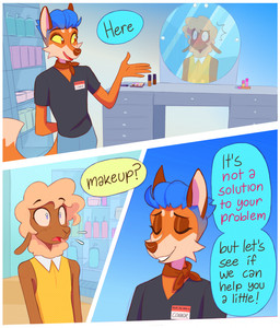 3_panel_comic 5_fingers anthro ascot black_clothing black_shirt black_text black_topwear blue_background blue_hair blue_speech_bubble blush bodily_fluids border bottomwear brown_body brown_ears brown_eyes brown_fur brown_nose cheek_tuft clothed clothing crossdressing crossdressing_male denim denim_bottomwear denim_clothing detailed_background dialogue dipstick_tail dress duo eyes_closed facial_tuft femboy fingers fur gradient_background hair hand_behind_back inside jeans makeup male markings mirror name_tag open_mouth orange_body orange_fur pants pink_text polka_dot_dress polka_dots red_ascot shelf shirt simple_background smile speech_bubble standing store sweat tail tail_markings tan_body tan_fur tan_hair teal_speech_bubble text topwear tuft v-neck white_border yellow_clothing yellow_dress yellow_sclera yellow_speech_bubble heresvix connor_(heresvix) dani_(heresvix) bovid canid canine caprine fox mammal sheep 2026 comic english_text hi_res trans_(lore) trans_man_(lore)