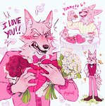 anthro beverage blush bottomwear bow_tie box_of_chocolates candy chair chocolate clothed clothing confession dessert dress_shirt ears_up eating eyebrows facial_tuft fangs flower food footwear fur furniture hands_on_hips happy head_tuft heart_box humanoid_hands inner_ear_fluff male nails no_pupils open_mouth pants pink_body pink_clothing pink_fur plant red_clothing rose_(flower) shirt shoes smile solo sweater sweater_vest sweets table tea teapot teeth tongue tongue_out topwear tuft vest white_eyes p0nyplanet pinkie_(p0nyplanet) arthropod butterfly canid canine canis insect lepidopteran mammal wolf hi_res