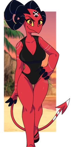 5_toes anthro beach clothing feet female footwear horn plantigrade red_body sandals shoes simple_background smile solo swimwear tail toes zimakum hellaverse helluva_boss barbie_wire humanoid imp absurd_res hi_res