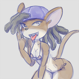 anthro black_hair bra breasts brown_body buckteeth clothed clothing female grey_background hair headgear headwear leaning leaning_forward navel open_mouth open_smile partially_clothed simple_background smile solo tail teeth tongue tongue_out underwear unknown_artist geronimo_stilton_(series) pandora_woz mammal mouse murid murine rodent 1:1 tagme