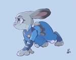 all_fours anthro bottomwear clothed clothing crawling feet female fingers fur grey_body grey_fur knee_pads long_ears pants police police_uniform purple_eyes solo thick_thighs toes topwear uniform bl394 disney zootopia judy_hopps lagomorph leporid mammal rabbit hi_res signature