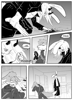 anthro blood bodily_fluids clothed clothing female gun horn inner_ear_fluff inside male ranged_weapon shotgun simple_background speech_bubble text tuft weapon kifyun2 beau_(undying_void) max_undying_void) canid canine fox lagomorph leporid mammal rabbit absurd_res black_and_white comic english_text hi_res monochrome