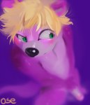 anthro biped black_nose blonde_hair blush erection front_view fur genitals glistening glistening_eyes glistening_nose green_eyes hair high-angle_view humanoid_genitalia humanoid_penis looking_aside male messy_hair penis pink_body pink_ears pink_fur pink_penis pink_tail purple_background short_hair simple_background solo tail oselotti ottah mammal mustelid otter absurd_res hi_res signature