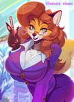 anthro big_breasts breasts chest_tuft clothed clothing eyewear female glasses holding_object mature_female solo tuft syuriusuhusky cassie_(foxydude) canid canine fox mammal 2021 hi_res