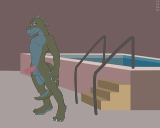 anthro balls countershading erection genitals humanoid_genitalia humanoid_penis male nude penis solo swimming_pool tail water compfive lizard reptile scalie source_request