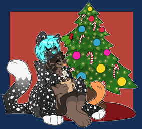 ambiguous_gender anthro beverage blep candy candy_cane chocolate christmas_tree cuddling dessert duo eyes_closed food happy heart_symbol holidays hot_chocolate male male/male marshmallow ornament plant simple_background tongue tongue_out tree atlasserpent christmas evan_cosgrove_(glowstickcat) kali_delane domestic_cat felid feline felis mammal pantherine snow_leopard absurd_res alpha_channel hi_res
