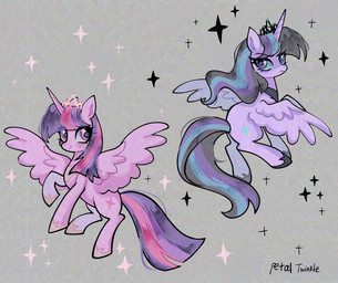 alternate_form crown duo female feral flying hair_strands headgear horn simple_background sparkles wings petaltwinkle friendship_is_magic hasbro my_little_pony mythology twilight_sparkle_(mlp) equid equine mammal mythological_creature mythological_equine winged_unicorn better_version_at_source