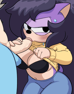 anthro balls big_breasts blush bodily_fluids bottomwear breasts clothed clothing clothing_lift duo erection fellatio female fur genitals hair licking_tip male male/female navel oral oral_penetration penetration penile penis presenting purple_body purple_fur purple_hair sex shirt shirt_lift showing_chest sweat sweatdrop tail tongue topwear four-pundo dic_entertainment sega sonic_the_hedgehog_(series) sonic_underground tamers12345's_sonic_underground queen_aleena_hedgehog eulipotyphlan european_hedgehog hedgehog mammal digital_media_(artwork) hi_res
