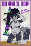 alfonzo_poopypants anthro big_breasts black_hair blue_eyes breasts canid canine canis chest_tuft clothing english_text female front_view fur genitals gesture hair hat hat_only headgear headgear_only headwear headwear_only hi_res kneeling lilithdog looking_at_viewer mammal markings mostly_nude multicolored_body multicolored_fur navel nipples pawpads propaganda propaganda_poster pussy ranged_weapon rocket_launcher salute short_hair slightly_chubby smile solo spots spotted_body team_fortress_2 text tuft valve weapon wolf