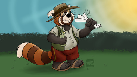 anthro black_body black_nose bodily_fluids bottomwear brown_body clothing eyewear footwear glasses hat headgear headwear humanoid_hands male outside sandals shirt shoes shorts slightly_chubby solo sun sweat topwear hubie360 ailurid mammal red_panda 16:9 2022 hi_res widescreen
