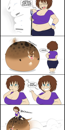 ambiguous_gender big_breasts black_border black_eyes blue_eyes border bottomwear breasts brown_body brown_fur brown_hair butt clothed clothing collar curvy_figure dialogue duo eyes_closed female feral fur hair heart_symbol inflation leash long_hair nude shorts simple_background size_difference slightly_chubby smile speech_bubble tail tail_motion tailwag text thick_thighs tongue tongue_out voluptuous white_background wide_hips flittermilk canid canine human mammal 2016 comic english_text hi_res