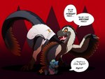 broken_english clean_diaper clothed clothing dialogue diaper diaper_only duo feathers feral male open_mouth open_smile pupils red_background red_eyes sharp_teeth simple_background size_difference slit_pupils smile speech_bubble tail teeth text threatening tongue tongue_out topless wearing_diaper yellow_sclera lanbabbu nintendo pokemon mei_(lanbabbu) dinosaur dromaeosaurid feathered_dinosaur feathered_scalie generation_4_pokemon pokemon_(species) prehistoric_species reptile scalie shinx theropod utahraptor 2025 digital_media_(artwork) english_text hi_res