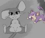 ambiguous_gender buckteeth butt featureless_crotch female feral fur grey_background grey_body grey_fur looking_at_viewer nude simple_background smile solo spread_legs spreading tail teeth archerteamr_artist nintendo pokemon generation_1_pokemon mammal mouse murid murine pokemon_(species) rattata rodent sciurid digital_media_(artwork) monochrome