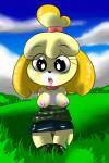2015 2:3 animal_crossing anthro blonde_hair bottomwear bound breasts canid canine canis clothed clothing domestic_dog female fur hair inverted_nipples isabelle_(animal_crossing) looking_at_viewer mammal nintendo nipples open_mouth panties shih_tzu skirt solo submissive submissive_female toy_dog underwear virate-chip