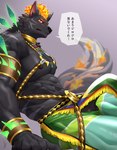 abs absurd_res anthro balls black_body black_fur bottomwear clothed clothing clothing_lift dancer_outfit embarrassed erection erection_under_loincloth fire flaming_hair flaming_mane fur furlong_(live_a_hero) genitals hi_res hyena ig1119 japanese_text lifewonders live_a_hero loincloth loincloth_lift male mammal muscular muscular_anthro muscular_male nipples pecs penis pseudo_hair pseudo_mane solo text translated