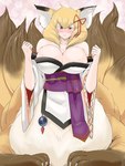 7_tails accessory asian_clothing bare_shoulders big_breasts blonde_hair blush breasts brown_body brown_fur cleavage clothed clothing cosplay deep_cleavage dipstick_tail east_asian_clothing female fur hair hair_accessory hair_ribbon inner_ear_fluff japanese_clothing kimono leg_markings markings monster_girl_(genre) multi_tail multicolored_body multicolored_fur red_eyes ribbons sash socks_(marking) solo tail tail_markings tuft undersized_clothing white_body white_fur wide_sleeves yellow_body yellow_fur setouchi monster_girl_quest nanabi canid canid_taur canine canine_taur fox fox_taur mammal mammal_taur taur