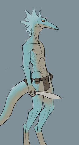 anthro arm_tuft blue_body blue_fur blue_hair brown_clothing brown_underwear bulge clothed clothing collarbone digitigrade elbow_tuft fur hair head_tuft holding_melee_weapon holding_object holding_sword holding_weapon male melee_weapon orange_eyes pouch_(clothing) simple_background slim snout solo standing sword tuft underwear underwear_only weapon bullchicken dinosaur dromaeosaurid prehistoric_species reptile saurischian scalie theropod velociraptor digital_drawing_(artwork) digital_media_(artwork)