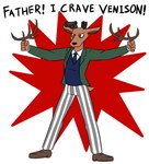 anthro antlers clothed clothing dialogue fully_clothed gun handgun horn humor male pistol ranged_weapon school_uniform solo standing text uniform weapon what horsemanoftheapocalypse beastars deeeer_simulator louis_(beastars) cervine deer mammal red_deer 2020 english_text full-length_portrait meme portrait reaction_image