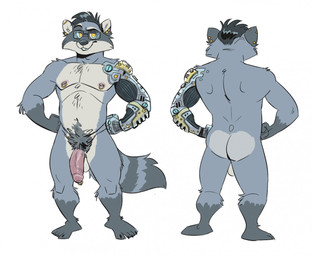 4_fingers 4_toes anthro areola arm_tuft backsack balls biped black_claws black_eyebrows black_hair black_nose black_toe_claws butt claws countershade_butt countershade_face countershade_fur countershade_torso countershading cybernetic_arm cybernetic_limb ear_piercing ear_stud elbow_tuft eyebrows eyewear facial_markings feet fingers fist flaccid foreskin front_view fur genital_piercing genitals glasses gloves_(marking) gold_piercing grey_body grey_fur grey_pubes hair hands_on_own_hips head_markings humanoid_genitalia humanoid_hands humanoid_penis industrial_piercing leg_markings looking_at_viewer male male_anthro markings mask_(marking) monotone_background multicolored_body multicolored_fur nipple_piercing nipple_ring nipples penis penis_piercing piercing pince-nez pink_areola pink_nipples pink_penis plantigrade prince_albert_piercing pubes raised_eyebrow rear_view rectangular_glasses ring_(marking) ring_piercing ringed_tail simple_background smile smiling_at_viewer socks_(marking) solo standing striped_markings striped_tail stripes tail tail_markings toe_claws toes tuft unretracted_foreskin vein veiny_penis wearing_glasses white_background white_balls white_body white_countershading white_fur white_inner_ear yellow_eyes dramamine caps_(pafka) mammal procyonid raccoon digital_drawing_(artwork) digital_media_(artwork) flat_colors model_sheet