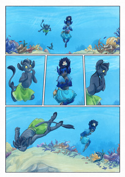 ambiguous_gender anthro biped black_body black_fur black_hair black_tail clothed clothing dark_body dark_skin day ear_fins feral fin fur hair plant sea split_form swimming tail underwater water bjekkergauken mythology imbali_(bjekkergauken) aquatic fish merfolk unknown_species 2026 colored comic hi_res