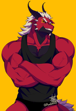 anthro barazoku big_muscles biped black_clothing black_horn black_sclera black_underwear chin_spikes clothed clothing crossed_arms curved_horn ear_piercing eye_markings facial_spikes front_view grin grinning_at_viewer hair horn jaw_spikes male male_anthro markings muscular muscular_arms muscular_male pantsless pecs piercing red_body shirt simple_background smile smiling_at_viewer solo spikes spikes_(anatomy) tail_mane tank_top text topwear underwear vein veiny_muscles white_hair white_spikes yellow_background yellow_markings axelshrine mythology magnus_(axelshrine) dragon mythological_creature mythological_scalie scalie wingless_dragon 2025 dated digital_media_(artwork) hi_res signature url