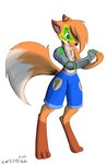 2017 3_toes absurd_res anthro barefoot black_nose blue_eyes bottomwear canid canine chris_sketch clothed clothing cybernetics digitigrade dipstick_tail ezmeralda facial_markings feet female fox fur hair head_markings hi_res machine mammal markings multicolored_tail open_mouth orange_body orange_fur orange_hair shorts simple_background solo starwarriors tail tail_markings toes topless white_background