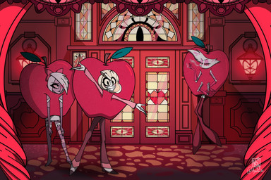 4_arms apple cigarette clothed clothing costume detailed_background door female food food_costume fruit group inside male multi_arm multi_limb plant smoking smoking_cigarette standing trio ayamii_xx hazbin_hotel hellaverse angel_dust charlie_morningstar vaggi_(hazbin_hotel) angel demon human mammal 3:2 hi_res lol_comments