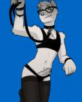 anthro arm_tuft biped black_clothing black_topwear blue_background bra chest_tuft clothing collar colored_nails ear_piercing eyewear facial_piercing femboy front_view genital_piercing genitals glasses hair leash legwear male nails nose_piercing nose_ring offering_leash panties penis penis_piercing piercing prince_albert_piercing ring_piercing septum_piercing shoulder_tuft simple_background slim smile solo sports_bra stockings topwear tuft underwear white_hair wristband lundi alex_(lundi) mammal unknown_species hi_res