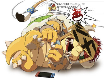 2_horns 4_fingers bracelet cellphone claws collar electronics eyebrows fingers hair holding_cellphone holding_object holding_phone holding_smartphone horn jewelry phone red_eyebrows red_hair shell smartphone spiked_bracelet spiked_collar spiked_shell spiked_tail spikes spikes_(anatomy) tail thick_eyebrows masabowser mario_bros nintendo nintendo_switch bowser koopa scalie 2017 colored