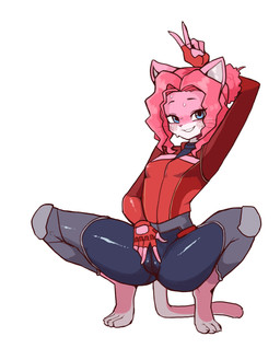4_toes 5_fingers anthro barefoot blue_eyes bodily_fluids breasts camel_toe cat_tail claws clothing feet female fingers fur hair paws pink_body pink_fur pink_hair plantigrade small_breasts smile solo suit sweat toe_claws toes reccand shasha_and_milo shasha_(shasha_and_milo) domestic_cat felid feline felis humanoid mammal absurd_res hi_res