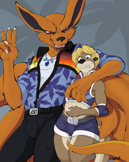 anthro belt blue_clothing blue_ear_piercing blue_shirt blue_topwear bottomwear brown_body brown_fur claws clothed clothed_male clothing duo fur jewelry male male/male necklace orange_body orange_fur otter_tail pants pregnant pregnant_male shirt size_difference teeth topwear pandottermon naruto kurama parker_(pandottermon) canid canine fox mammal mustelid otter 2025 4:5 colored dated hi_res signature