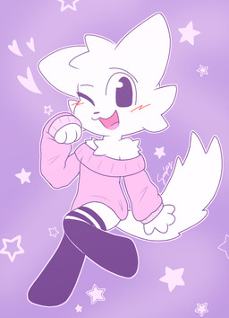 anthro blush clothing femboy fur legwear looking_at_viewer male off-shoulder_top one_eye_closed simple_background thigh_highs white_body white_fur snipidy boy_kisser_(meme) silly_cat_(mauzymice) felid mammal flat_colors hi_res meme