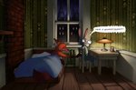 2020 anthro bed bottomless butt butt_grab canid canine chair clothed clothing comic desk detailed_background dialogue disney duo electronics english_text female fox fur furniture hand_on_butt hi_res inside judy_hopps lagomorph leporid light lighting male mammal nick_wilde open_clothing open_shirt open_topwear orange_body orange_fur phone phone_call pillow rabbit red_fox s1m scut_tail shirt short_tail speech_bubble surprise table tail tail_grab text topwear true_fox window zootopia