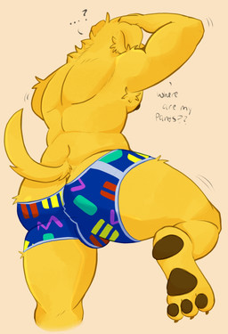 anthro athletic athletic_anthro athletic_male biped boy_shorts bulge bulge_from_behind butt clothed clothing confusion dialogue fur hand_on_head low-angle_view male nipples pawpads rear_view short_tail simple_background solo tail talking_to_self tan_background text topless topless_anthro topless_male underwear underwear_only yellow_body yellow_fur kodaarf_(artist) bojack_horseman netflix mr._peanutbutter bird_dog canid canine canis domestic_dog hunting_dog labrador mammal retriever english_text hi_res