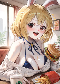 :3 anthro beverage big_breasts blonde_hair bow_ribbon bra breasts burger cleavage clothed clothed_anthro clothed_female clothing container cup detailed_background eating eating_food eyelashes female food fries fur glistening glistening_breasts hair happy holding_food holding_object looking_at_viewer open_mouth red_eyes restaurant short_hair solo star sweater topwear underwear white_body white_fur klopsiak one_piece carrot_(one_piece) lagomorph leporid mammal minkmen_(one_piece) rabbit absurd_res hi_res