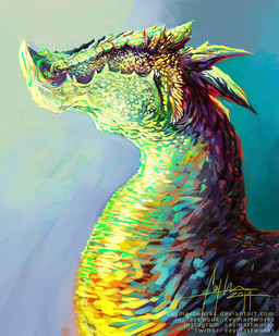 ambiguous_feral ambiguous_gender facial_horn fangs feral gradient_background head_spikes horn long_mouth long_neck low-angle_view nose_horn overbite psychedelic pupils scales side_view simple_background slit_pupils snout solo spikes spikes_(anatomy) teeth text caymartworks mythology dragon mythological_creature mythological_scalie scalie 2014 bust_portrait colorful_theme hi_res portrait url
