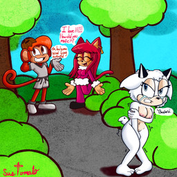 anthro areola bodily_fluids bottomwear breasts clenched_teeth clothed clothing coconut covering covering_self dialogue drupe_(fruit) ear_piercing eyes_closed female food footwear fruit genitals gloves group handwear horn male nipples nude piercing plant shaking shirt shivering shoes shorts speech_bubble tail tears teeth topwear trio vulva wool_clothing sussytomato idw_publishing sega sonic_the_hedgehog_(comics) sonic_the_hedgehog_(idw) sonic_the_hedgehog_(series) cocoa_(sussytomato) lanolin_the_sheep_(sonic) lindsey_(sussytomato) bovid caprine domestic_cat felid feline felis haplorhine mammal monkey primate sheep hi_res