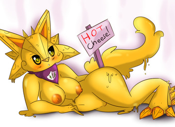 3_toes anthro areola barefoot biped blush breasts cheese claws clothing dairy_products exclamation_point feet female food fur genitals humor looking_at_viewer lying nipples nude on_side paws pun simple_background solo teeth text toes visual_pun vulva white_background yellow_body yellow_eyes yellow_nipples yellow_skin yellow_vulva e-01 chis felid food_creature mammal 2017 absurd_res digital_media_(artwork) english_text hi_res