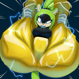 anthro big_breasts black_body black_clothing black_fur black_nose black_topwear blue_background blue_tongue blush blush_lines bottomwear bracelet breasts camel_toe clothed clothing ear_piercing electrogenesis eyelashes female front_view fur gloves green_body green_fur handwear jewelry looking_at_viewer lying nipple_outline on_back open_mouth pants piercing ring sharp_teeth simple_background solo spread_legs spreading studded_bracelet studded_jewelry studs tan_body tan_fur teeth thick_thighs tongue topwear white_clothing white_gloves white_handwear wide_hips yellow_bottomwear yellow_clothing yellow_pants conditional_dnp jaynatorburudragon idw_publishing sega sonic_the_hedgehog_(comics) sonic_the_hedgehog_(idw) sonic_the_hedgehog_(series) surge_the_tenrec afrosoricid mammal tenrec 1:1 absurd_res hi_res