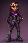 anthro armor blue_eyes brown_body brown_fur circlet eyebrows eyelashes female fur hair hand_on_hip looking_at_viewer purple_hair short_hair solo teira-nova ratchet_and_clank sony_corporation sony_interactive_entertainment sasha_phyronix cazar_(ratchet_and_clank) mammal 2024 2:3 hi_res